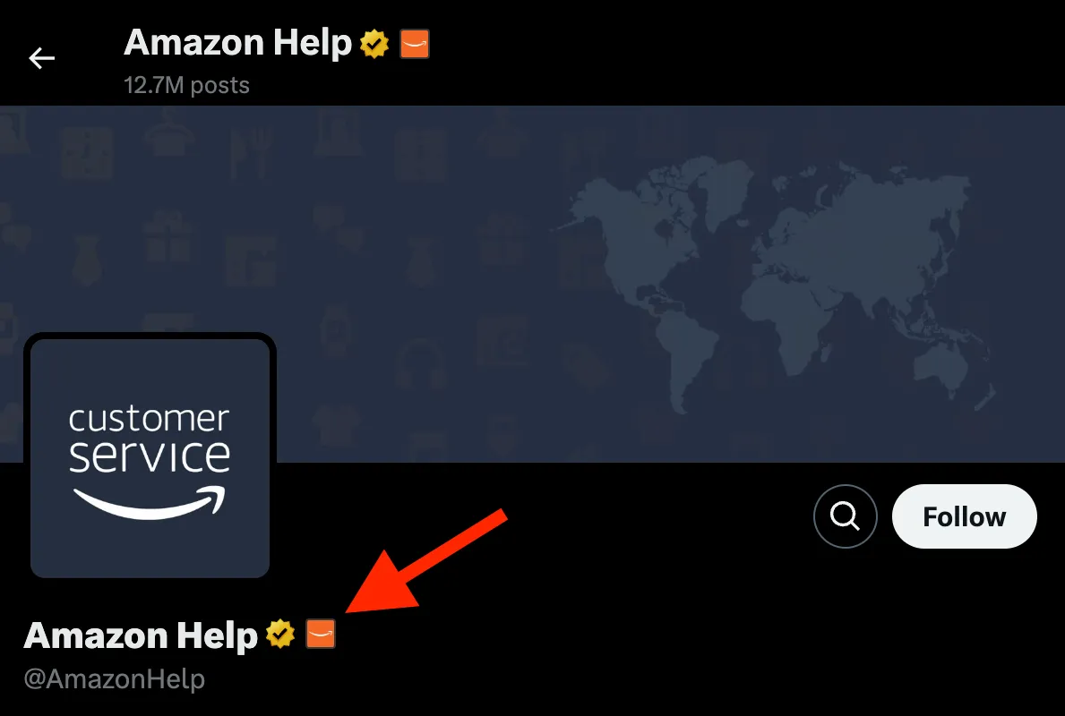 The official @AmazonHelp account on X with a red arrow pointing at the Amazon logo